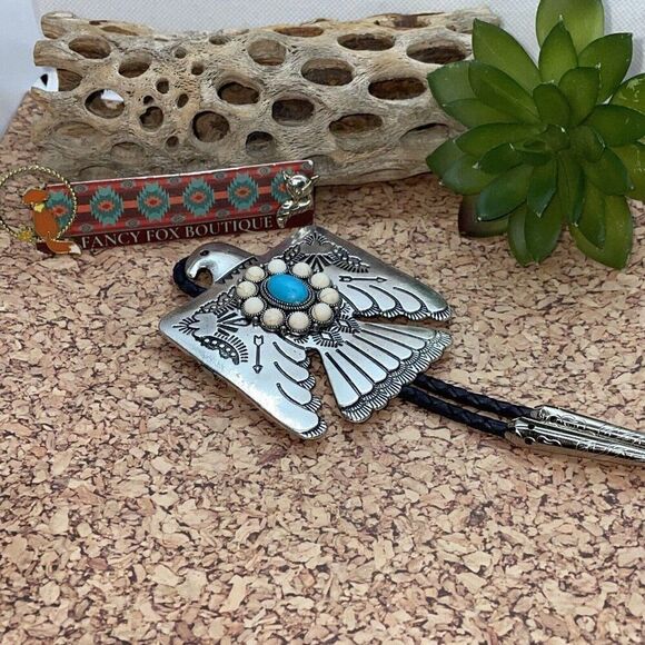 Unique Thunderbird T-Bird White Blue Turquoise Concho Lariat Bolo Tie Wedding ne - Picture 16 of 16